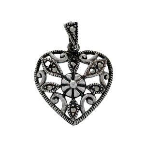 Estate Sterling Silver 925 Milgrain Scroll Marcasite Open Heart Pendant